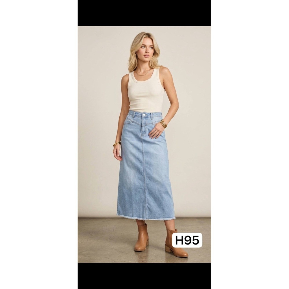 NWT FISOEW Denim Maxi Skirt Light Blue Light Wash High Waist Frayed Hem Sz S